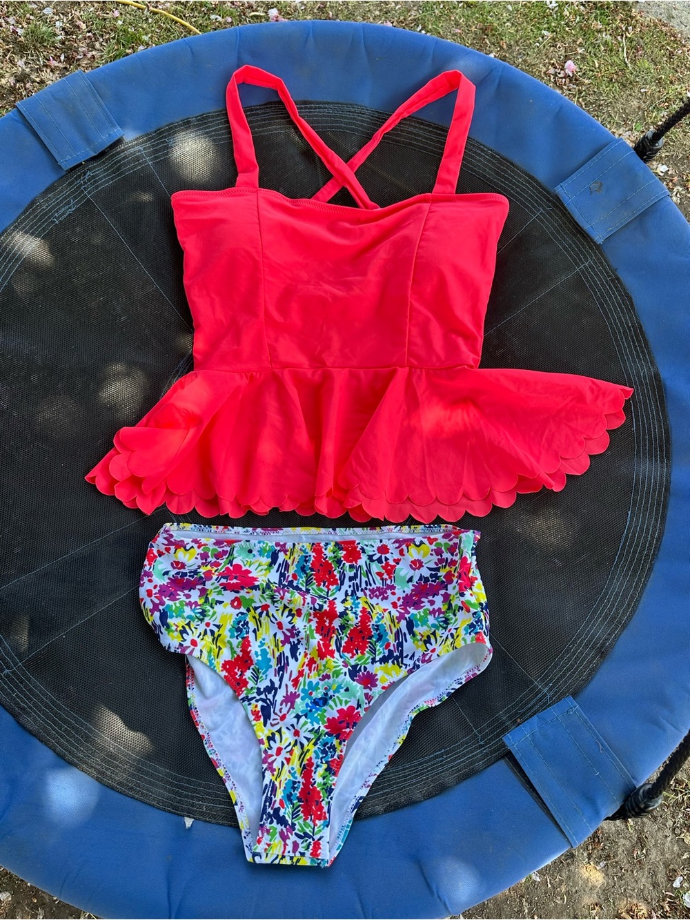 Red Scalloped Ruffle Tankini Top with Floral Bikini Bottoms